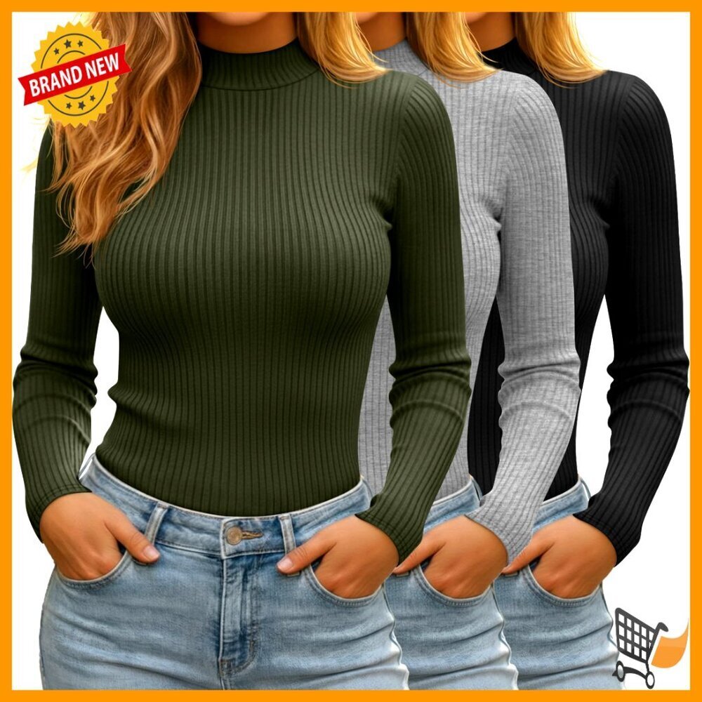Mock Turtleneck Tops Ribbed Long Sleeve Slim Fit Layering Tee Casual Basic